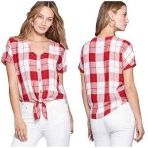 Universal Thread V-Neck Tie Front Plaid Top in Red White - Size XXL